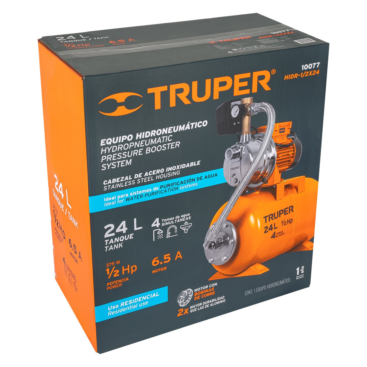 Truper HIDR-1/2X24 Bomba Hidroneumática 1/2 HP, 24 Litros – Ferrenacional