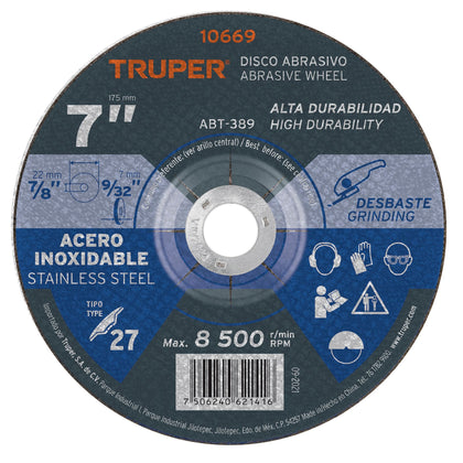 Truper ABT-389 Disco para desbaste de acero inoxidable, tipo 27, 7' - Ferrenacional