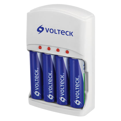 Volteck CA-RE-9 Cargador de pilas, AA, AAA y 9V, incluye 4 pilas AA