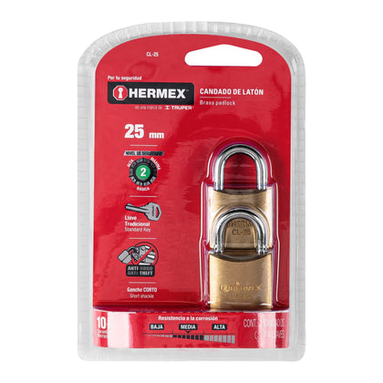 Hermex CL-25 Blíster con 2 candados de latón de 25mm con gancho corto