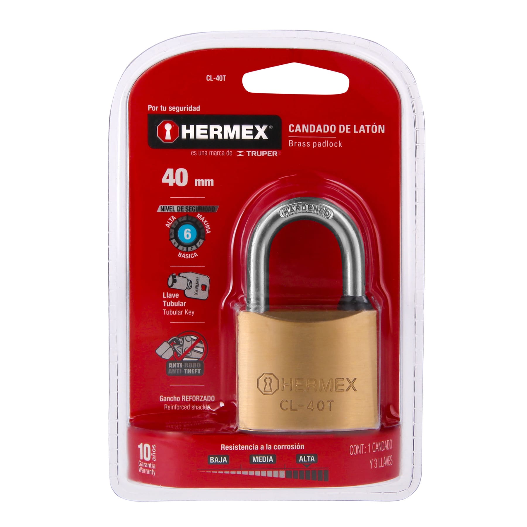 Hermex Cl 40t Candado De Latón 40mm Gancho Corto Llave Tubular Bli Ferrenacional