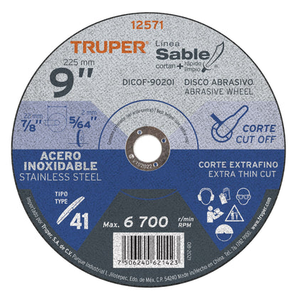 Truper DICOF-9020I Disco Tipo 41 de 9' x 2 mm corte fino acero inox, Sable