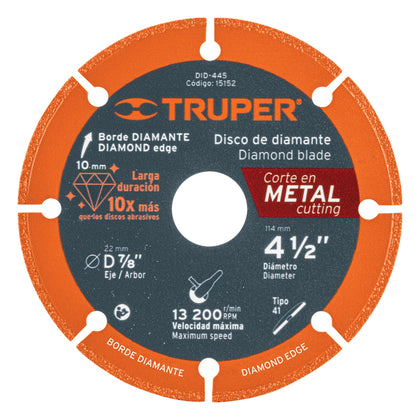 Truper DID-445 Disco de diamante, 4-1/2' corte metal