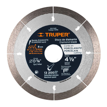 Truper DID-545 Disco de diamante, 4-1/2' corte porcelanato