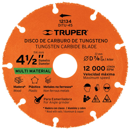 Truper DITU-45 Disco de carburo de Tungsteno 4-1/2', multiusos