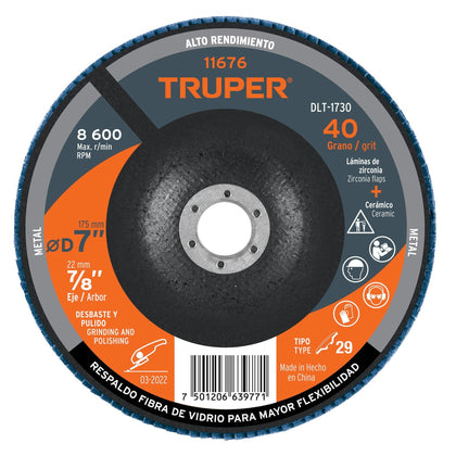 Truper DLT-1730 Disco 7' laminado grano 40 centro 7/8'