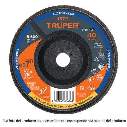 Truper DLTP-7080 Disco laminado 7' respaldo plástico barreno 7/8'grano 80