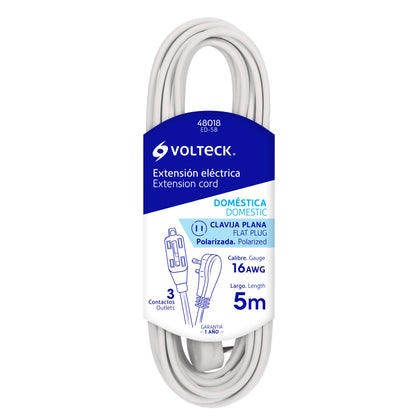 Volteck ED-5B Extensión eléctrica doméstica 5 m blanca con clavija plana