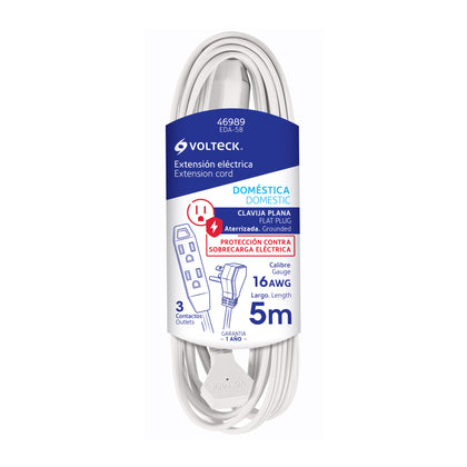 Volteck EDA-5B Extensión doméstica aterrizada 5 m blanca con clavija plana