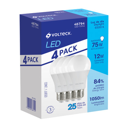 Volteck LED-75FX4 Pack de 4 lámparas LED A19 12 W (equiv. 75 W), luz de día