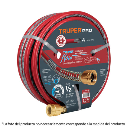 Truper MAN-15X1/2X Manguera 1/2' super reforzada 4 capas 15 m conexiones metal