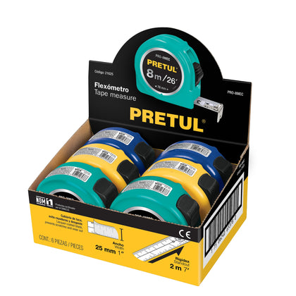 Pretul PRO-8MEC Flexómetros 8 m, cinta 25 mm en display box, 6 pzas, Pretul