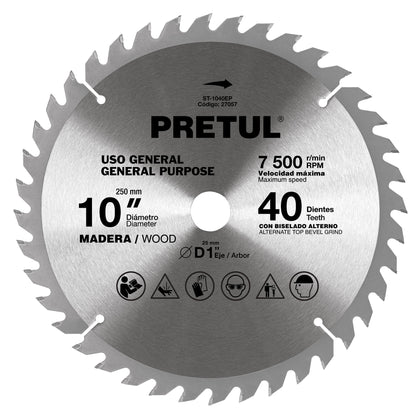 Pretul ST-1040EP Disco sierra p/madera 10', 40 dientes, centro 1', Pretul