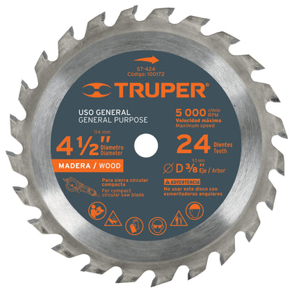 Truper ST-424 Disco sierra p/madera 4-1/2', 24 dientes, centro 3/8'