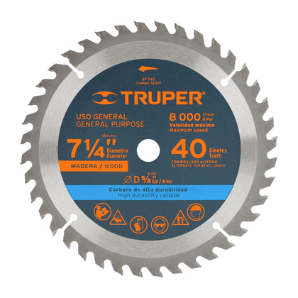 Truper ST-740 Disco sierra p/madera 7-1/4', 40 dientes, centro 5/8'