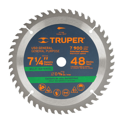 Truper ST-748 Disco sierra p/plástico 7-1/4',-48-dientes,-centro-5/8'