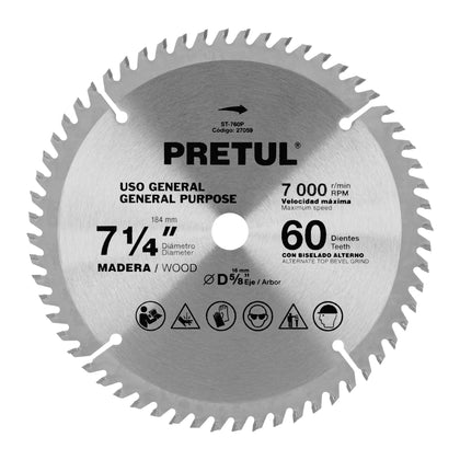 Pretul ST-760P Disco sierra 7-1/4' p/madera, 60 dientes centro 5/8'