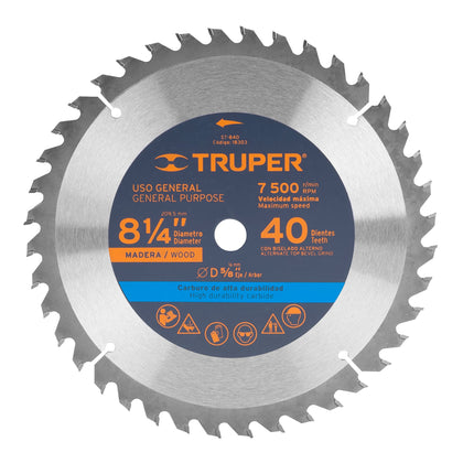 Truper ST-840 Disco sierra 8-1/4' para madera, 40 dientes centro 5/8'