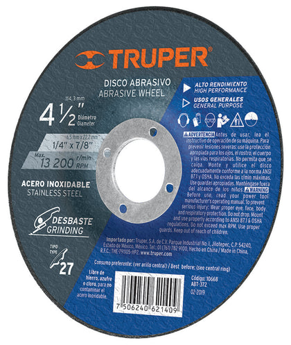 Truper ABT-372 Disco para desbaste de acero inoxidable, tipo 27, 4-1/2' - Ferrenacional