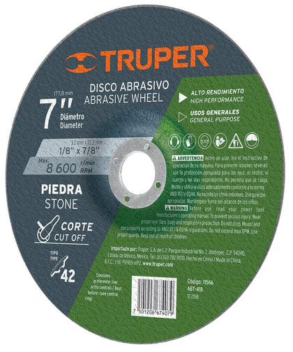 Truper ABT-418 Disco para corte de piedra, tipo 42, diámetro 7'