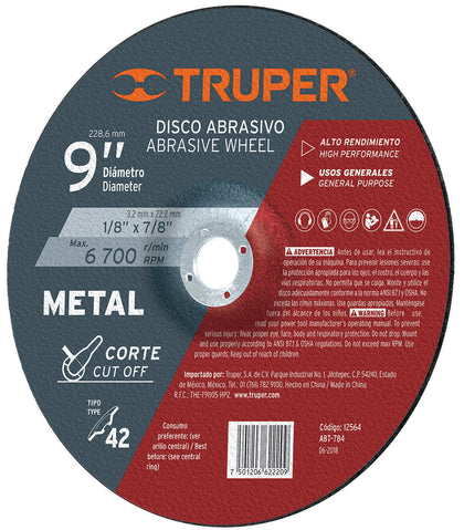 Truper ABT-784 Disco para corte de metal, tipo 42, diámetro 9'