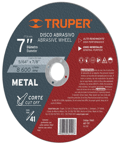 Truper ABT-787 Disco para corte de metal, tipo 41, diámetro 7'