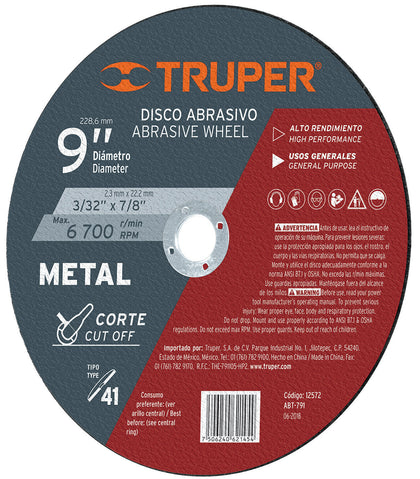 Truper ABT-791 Disco p/corte de metal, tipo 41, diámetro 9', usos generales