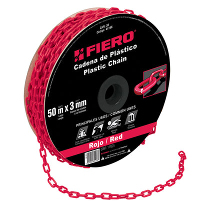 Fiero CAPL-3R Cadena de 3 mm de plástico roja, carrete de 50 m