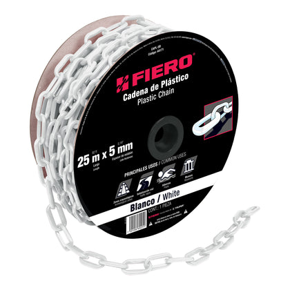 Fiero CAPL-5B Cadena de 5 mm de plástico blanca, carrete de 25 m