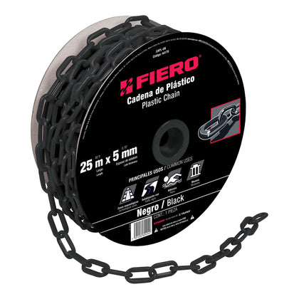 Fiero CAPL-5N Cadena de 5 mm de plástico negra, carrete de 25 m