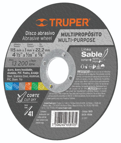 Truper DICOF- 4510M Disco Tipo 41 para corte multipropósito Línea Sable 4-1/2'