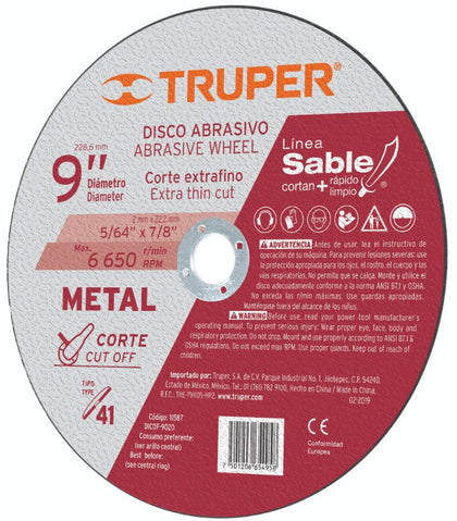 Truper DICOF-9020 Disco Tipo 41 para corte fino de metal Línea Sable 9', 2mm