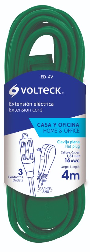 Volteck ED-4V Extensión eléctrica doméstica con clavija plana, 4m, verde