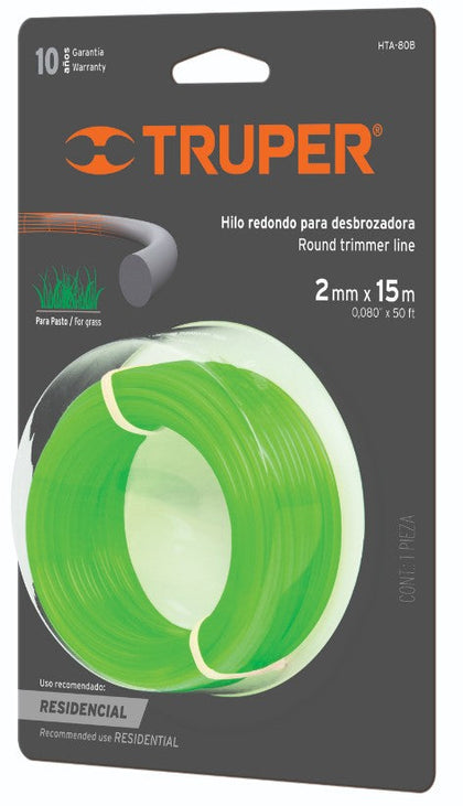 Truper HTA-80B Hilo redondo para desbrozadora, 15 m largo, 2 mm, blister