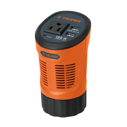 Truper INCO-120 Inversor de corriente tipo vaso con 2 puertos USB, 120 W