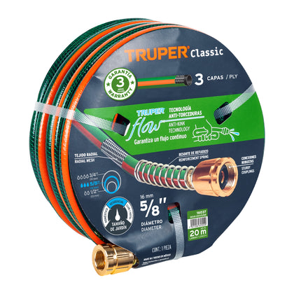 Truper MAN-20X5/8R Manguera 5/8' reforzada 3 capas 20 m conexiones de metal