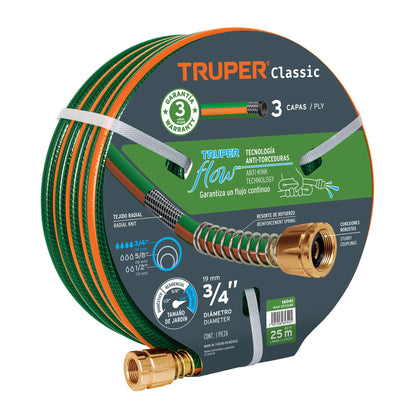 Truper MAN-25X3/4R Manguera 3/4', reforzada 3 capas, conexiones de metal, 25 m