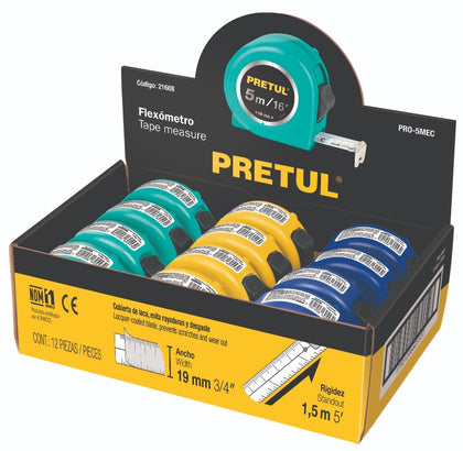 Pretul PRO-55MEC Flexómetros 5.5m, cinta 19 mm, display box,12 pzas,Pretul