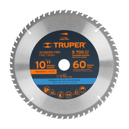 Truper ST-1060E Disco sierra 10' para madera, 60 dientes centro 1'