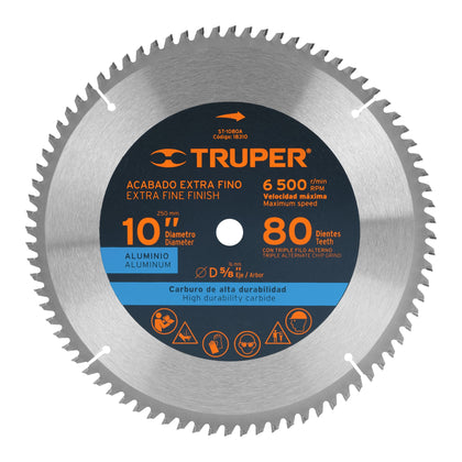 Truper ST-1080A Disco sierra p/aluminio 10', 80 dientes, centro 5/8'