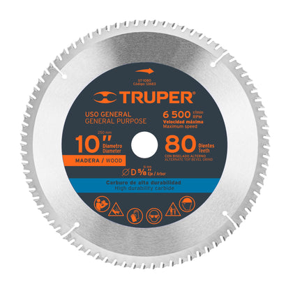 Truper ST-1080 Disco sierra 10' para madera, 80 dientes centro 5/8'