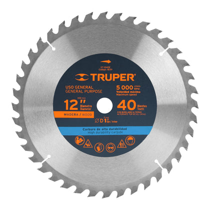 Truper ST-1240E Disco sierra 12' para madera, 40 dientes centro 1', Truper