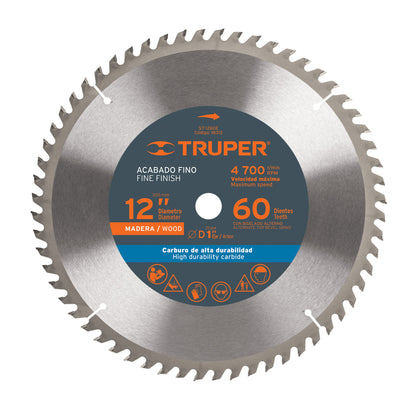 Truper ST-1260E Disco sierra p/madera 12', 60 dientes, centro 1'