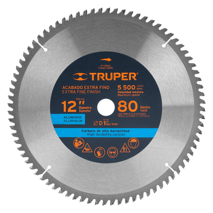 Truper ST-1280A Disco sierra 12' para aluminio, 80 dientes centro 1', Truper