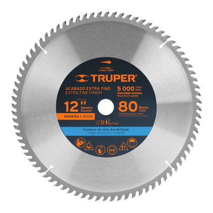 Truper ST-1280E Disco sierra 12' para madera, 80 dientes centro 1'