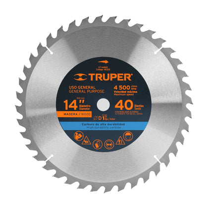 Truper ST-1440E Disco sierra p/madera 14', 40 dientes, centro 1'